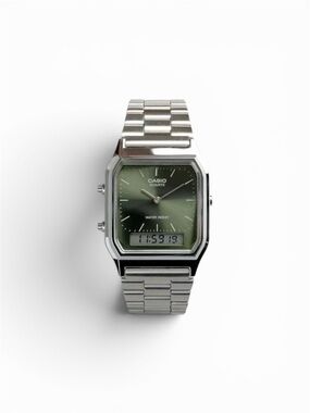 Casio Silver Watch with Green Dial and Digital Display